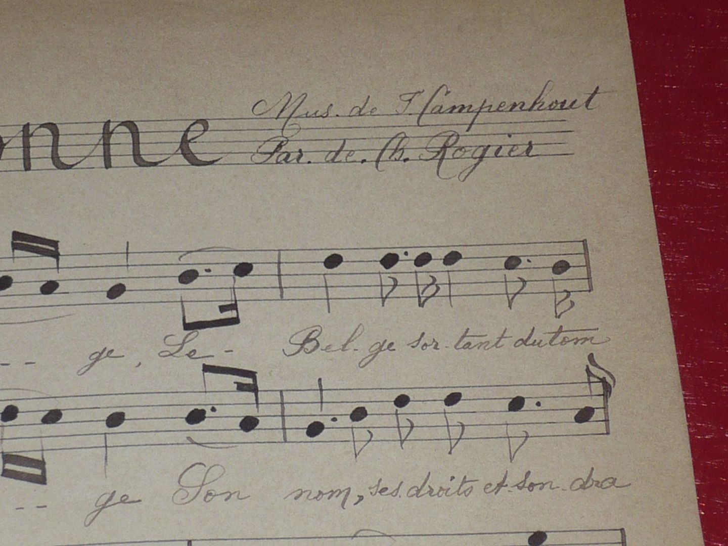 PARTITION beau manuscrit "LA BRABANCONNE" Hymne National ...